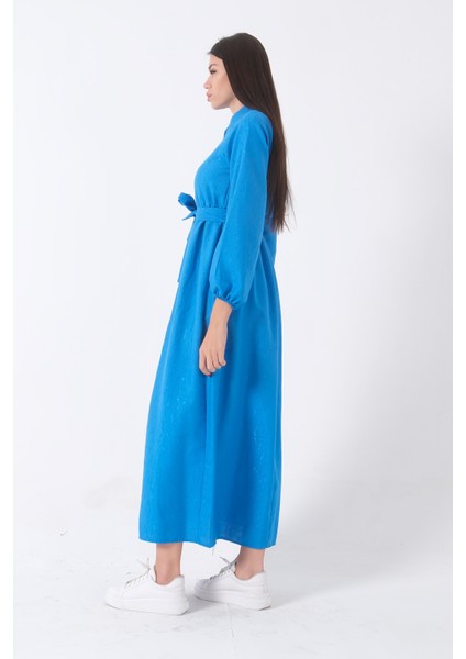 Mavi Beli Lastikli Gömlek Yaka Kuşaklı Tesettür Elbise 4593296.16 indirimleri