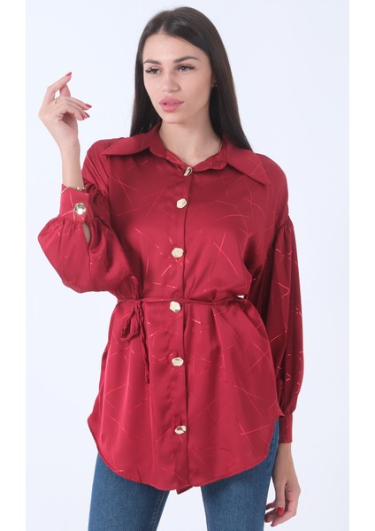 Bordo Gömlek Yaka Desenli Saten Tunik 45951991.04