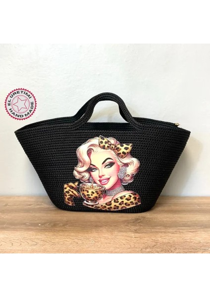El Yapımı Tress Ip Baskılı Plaj Çantası 27 cm - Siyah