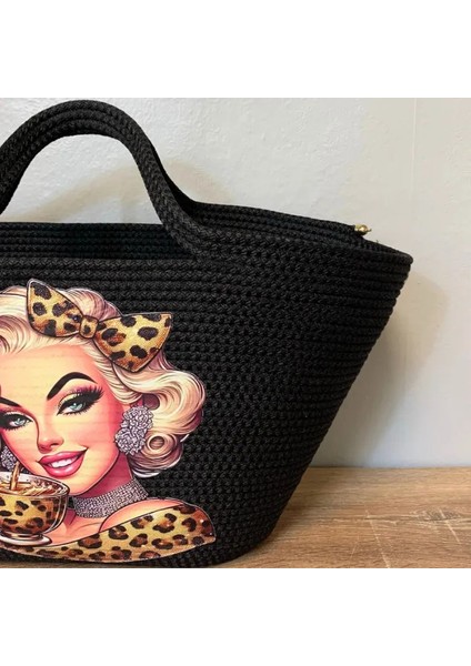 El Yapımı Tress Ip Baskılı Plaj Çantası 27 cm - Siyah
