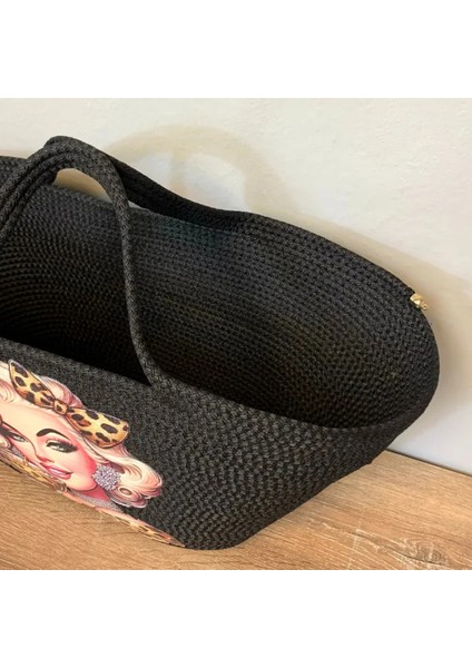 El Yapımı Tress Ip Baskılı Plaj Çantası 27 cm - Siyah