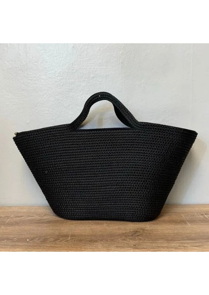 El Yapımı Tress Ip Baskılı Plaj Çantası 27 cm - Siyah