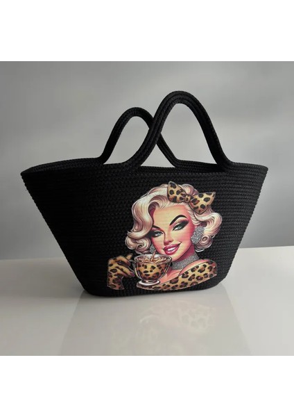 El Yapımı Tress Ip Baskılı Plaj Çantası 27 cm - Siyah