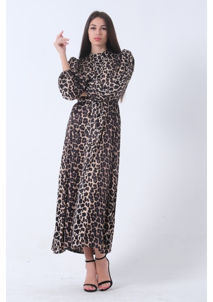 Leopar Bileği Lastikli Bel Bağlamalı Leopar Desenli Tesettür Elbise 4673008.53 modelleri