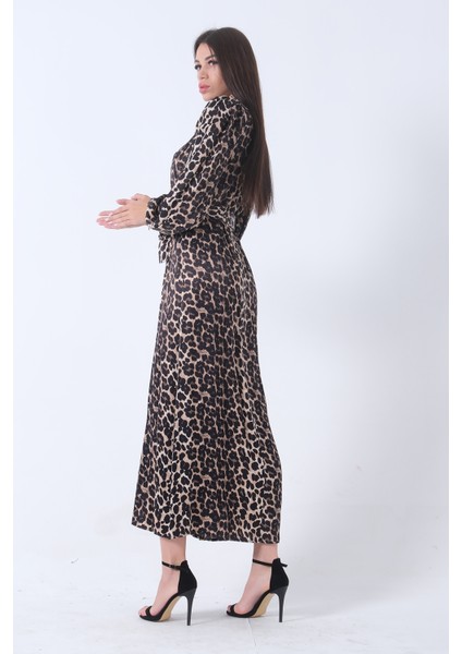 Leopar Bileği Lastikli Bel Bağlamalı Leopar Desenli Tesettür Elbise 4673008.53 fırsatları