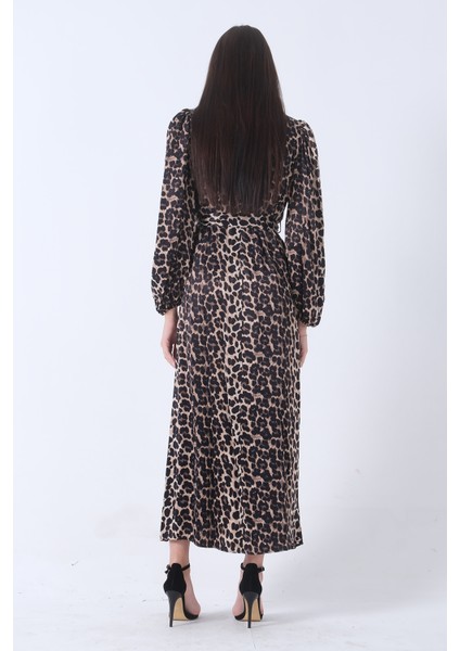 Leopar Bileği Lastikli Bel Bağlamalı Leopar Desenli Tesettür Elbise 4673008.53 indirimleri