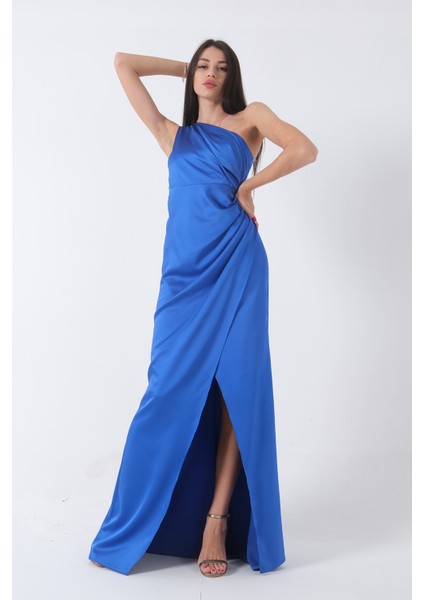 Saks Önü Yırtmaçlı Tek Omuz Şık Abiye 0801563.26