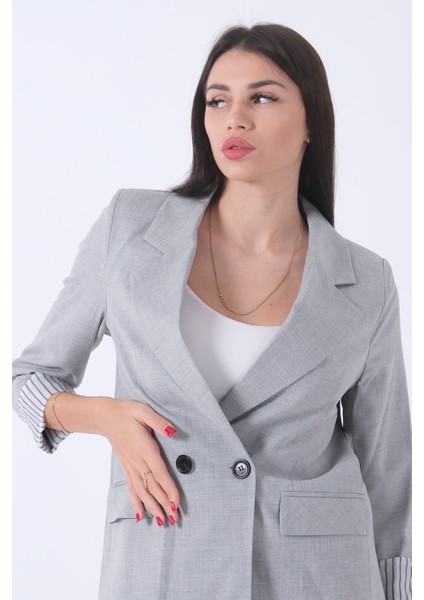 Gri Kol Katlama Aksesuarlı Çizgili Ceket 41670043.06