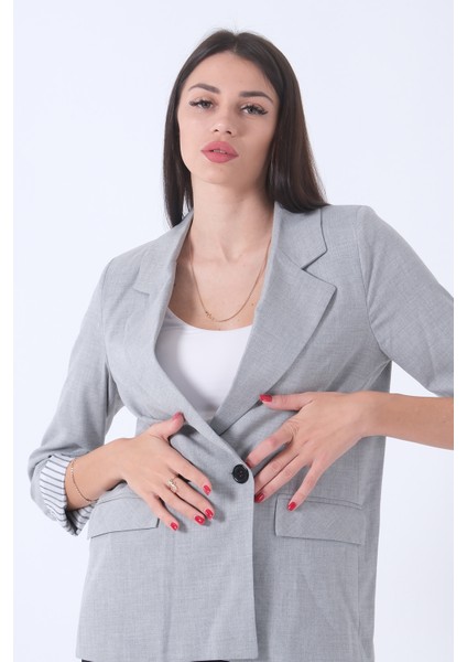 Gri Kol Katlama Aksesuarlı Çizgili Ceket 41670043.06 fiyatları