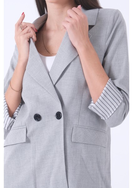 Gri Kol Katlama Aksesuarlı Çizgili Ceket 41670043.06 indirimleri
