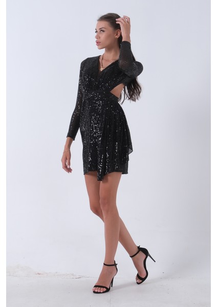 Siyah Sırt Dekolteli Midi Kısa Boy Pul Payet Abiye Elbise 1105228.01