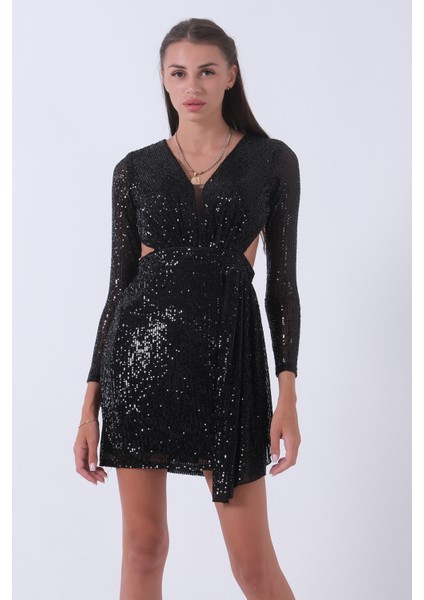 Siyah Sırt Dekolteli Midi Kısa Boy Pul Payet Abiye Elbise 1105228.01 fiyatları