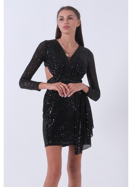 Siyah Sırt Dekolteli Midi Kısa Boy Pul Payet Abiye Elbise 1105228.01 modelleri