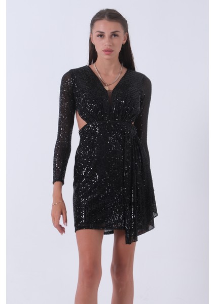 Siyah Sırt Dekolteli Midi Kısa Boy Pul Payet Abiye Elbise 1105228.01 fırsatları