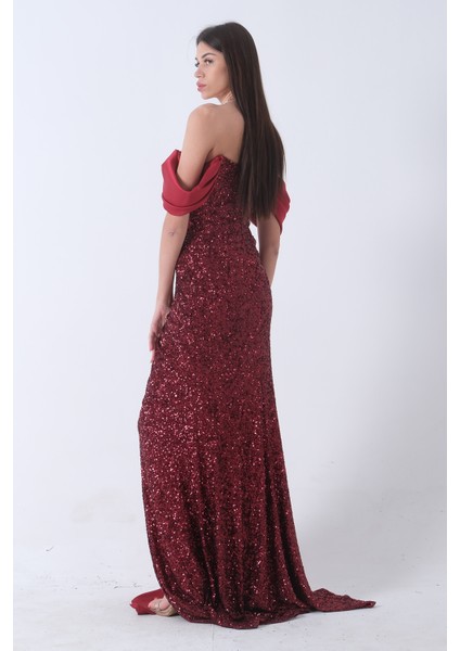 Bordo Pul Payet Detaylı Yırtmaçlı Abiye 9705321.04