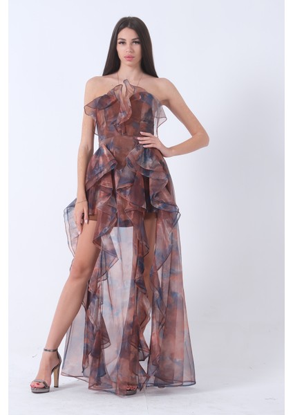 Kahve Fırfırlı Tül Şifon Abiye Elbise 0802000.05