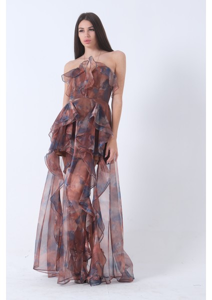 Kahve Fırfırlı Tül Şifon Abiye Elbise 0802000.05 fiyatları