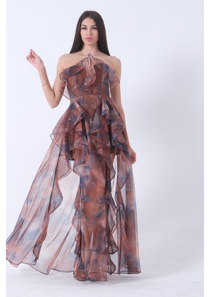 Kahve Fırfırlı Tül Şifon Abiye Elbise 0802000.05 modelleri