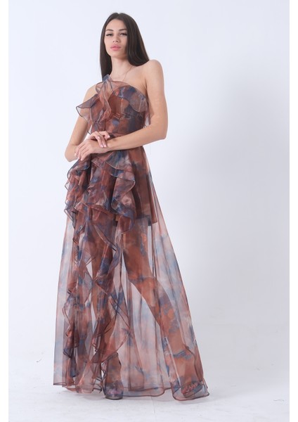 Kahve Fırfırlı Tül Şifon Abiye Elbise 0802000.05 fırsatları