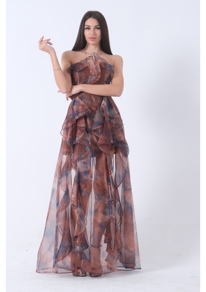 Kahve Fırfırlı Tül Şifon Abiye Elbise 0802000.05 indirimleri