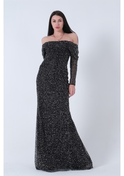 Siyah Kayık Yaka Simli Uzun Kol Abiye 9705266.01