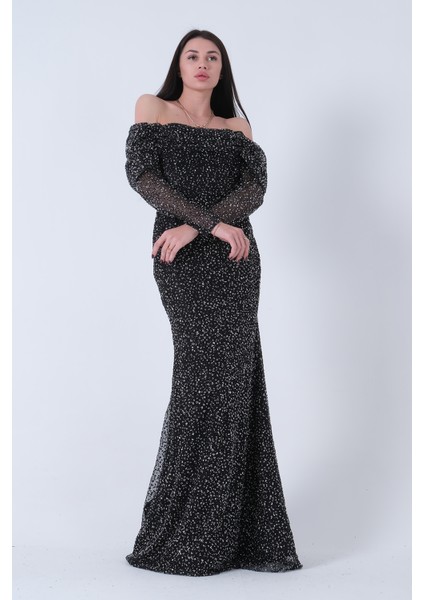 Siyah Kayık Yaka Simli Uzun Kol Abiye 9705266.01 fiyatları