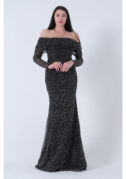 Siyah Kayık Yaka Simli Uzun Kol Abiye 9705266.01 fırsatları