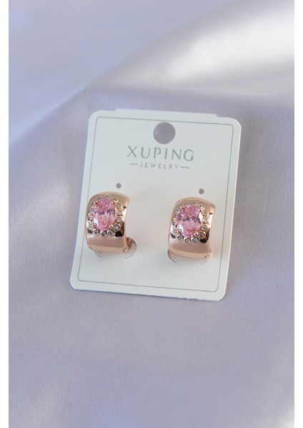 Gold Renk Pembe Kristal Taşlı Yarım Halka Model Xuping Kadın Küpe - TJ-BKP7609