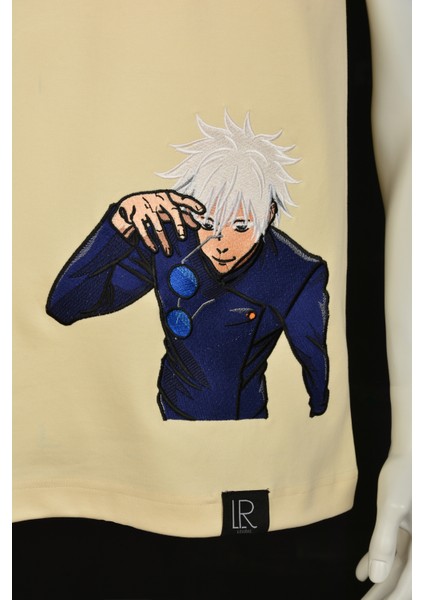 Bej Unisex Loose Fit Tişört Anime Full Nakışlı Jujutsu Kaısen Bisiklet Yaka Pamuklu Tişört