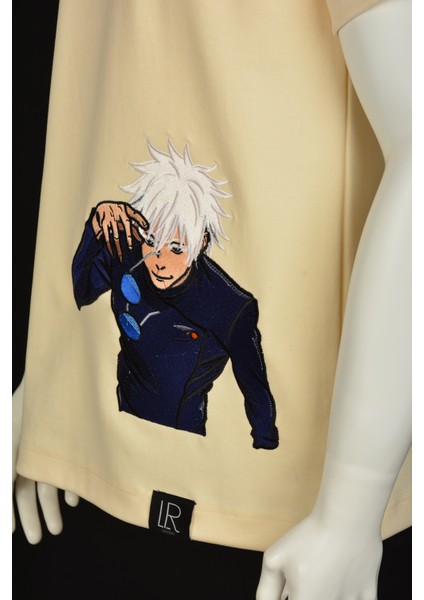 Bej Unisex Loose Fit Tişört Anime Full Nakışlı Jujutsu Kaısen Bisiklet Yaka Pamuklu Tişört