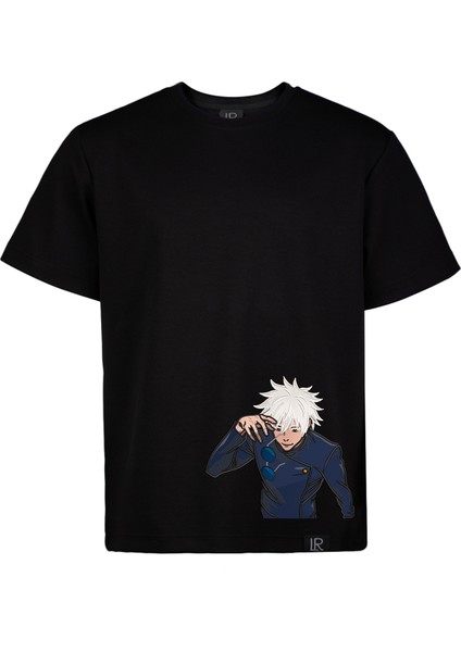 Siyah Unisex Loose Fit Tişört Anime Full Nakışlı Jujutsu Kaısen Bisiklet Yaka Pamuklu Tişört