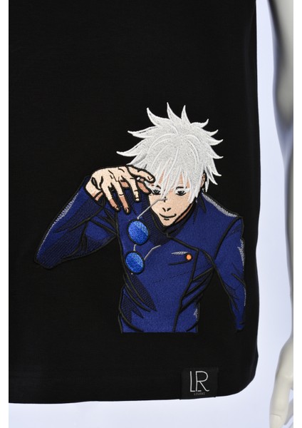 Siyah Unisex Loose Fit Tişört Anime Full Nakışlı Jujutsu Kaısen Bisiklet Yaka Pamuklu Tişört