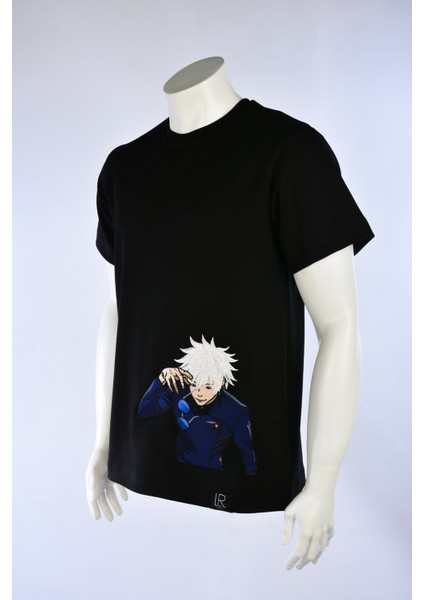 Siyah Unisex Loose Fit Tişört Anime Full Nakışlı Jujutsu Kaısen Bisiklet Yaka Pamuklu Tişört