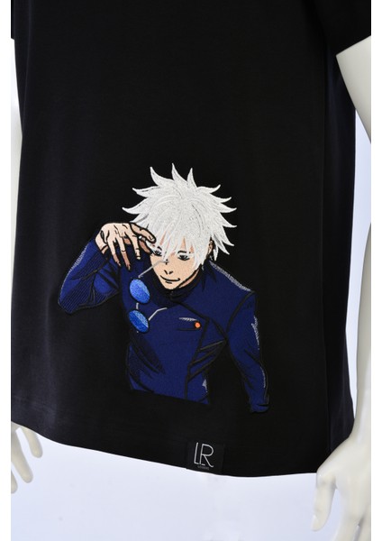 Siyah Unisex Loose Fit Tişört Anime Full Nakışlı Jujutsu Kaısen Bisiklet Yaka Pamuklu Tişört