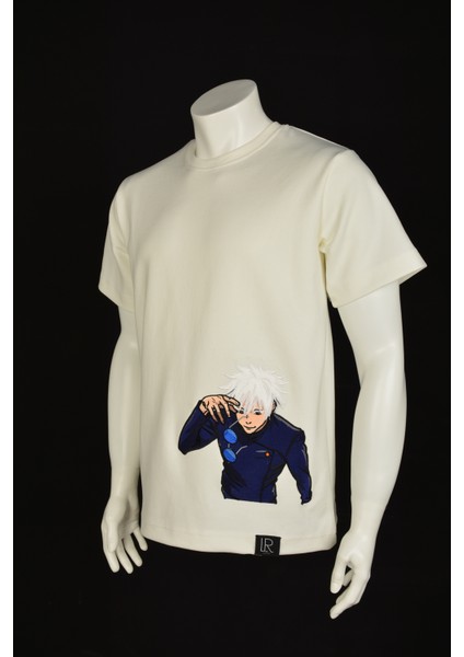 Beyaz Unisex Loose Fit Tişört Anime Full Nakışlı Jujutsu Kaısen Bisiklet Yaka Pamuklu Tişört