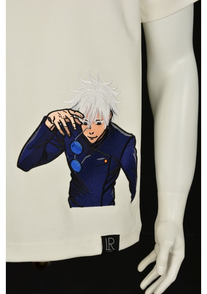 Beyaz Unisex Loose Fit Tişört Anime Full Nakışlı Jujutsu Kaısen Bisiklet Yaka Pamuklu Tişört