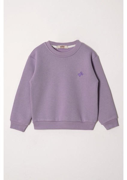 Bisiklet Yaka Uzun Kol Kalp Nakışlı Sardonlu Kız Çocuk Lila Renk Sweatshirt