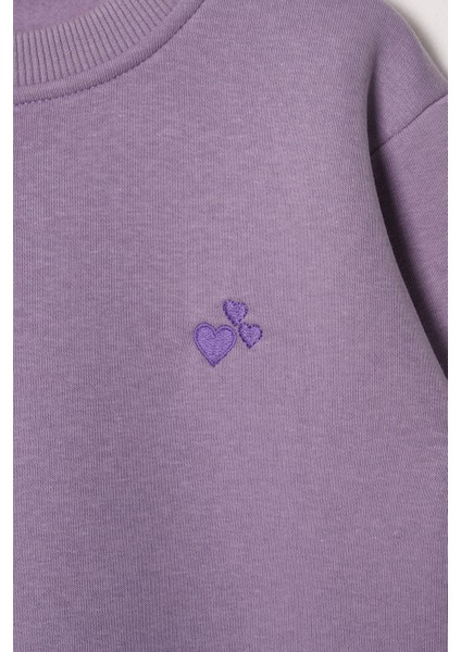 Bisiklet Yaka Uzun Kol Kalp Nakışlı Sardonlu Kız Çocuk Lila Renk Sweatshirt fiyatları
