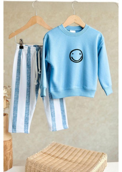(2-7 Yaş) Smile Çizgili Erkek Çocuk takım - Mavi