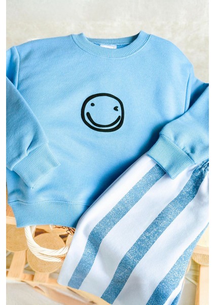 (2-7 Yaş) Smile Çizgili Erkek Çocuk takım - Mavi fırsatları