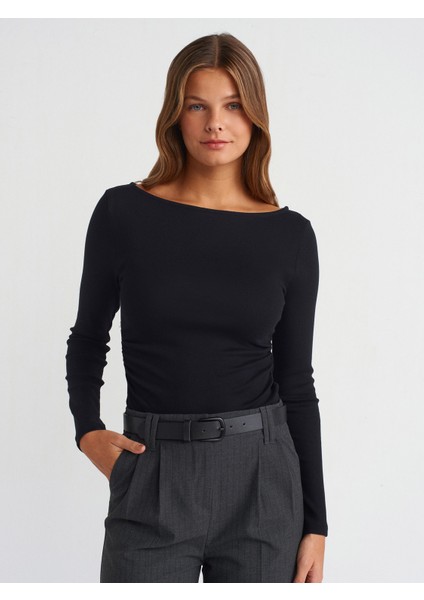31401 Büzgülü Kayık Yaka Top-Siyah