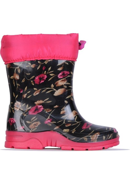 227 Siyah Çiçekli Termal Kürklü Kışlık Kız Çocuk Çizme Bot