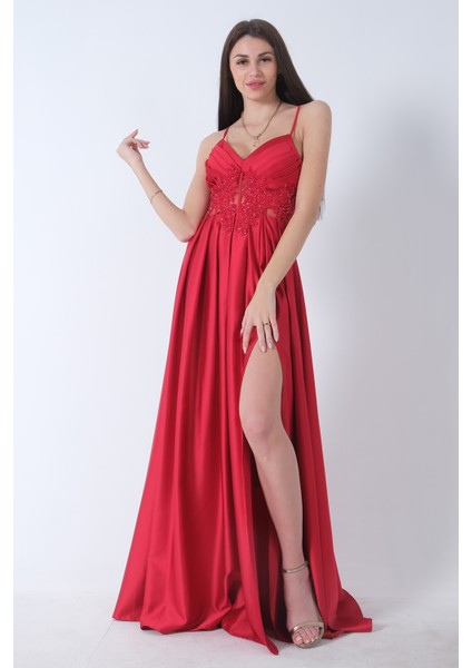 Kırmızı Yırtma Detaylı Ip Askılı Saten Abiye Elbise 9704981.08 fiyatları