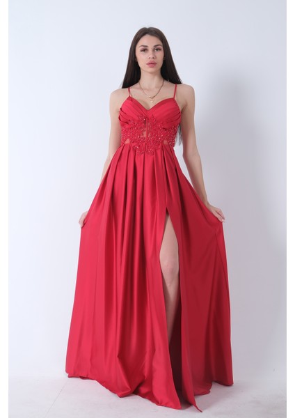 Kırmızı Yırtma Detaylı Ip Askılı Saten Abiye Elbise 9704981.08 modelleri