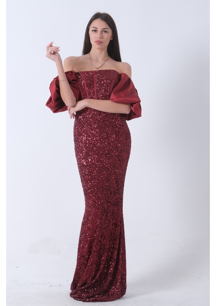 Bordo Pul Payetli Balon Kol Abiye 9705296.04 fiyatları