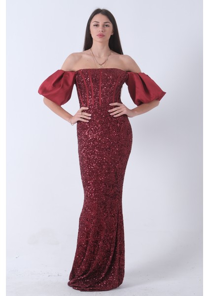 Bordo Pul Payetli Balon Kol Abiye 9705296.04 modelleri