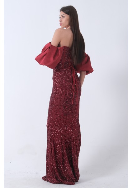 Bordo Pul Payetli Balon Kol Abiye 9705296.04 fırsatları