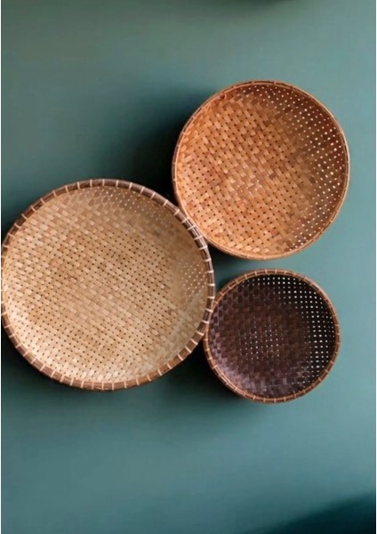 Bohem Bambu Rattan Hasır Duvar Tabağı,üçlü Duvar Sepeti,rattanbambu Duvar Süsü