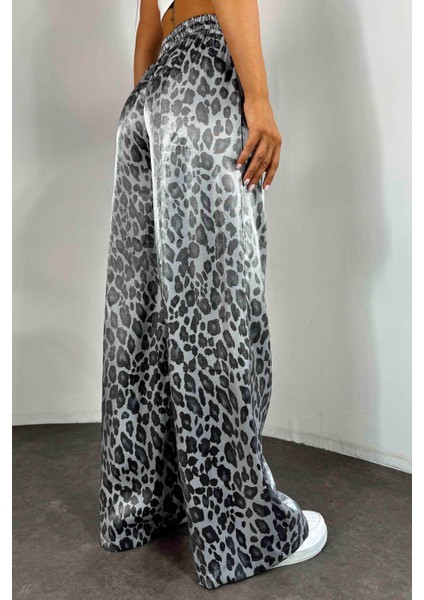 Leopar Desen Parlak Saten Pantolon Gri modelleri