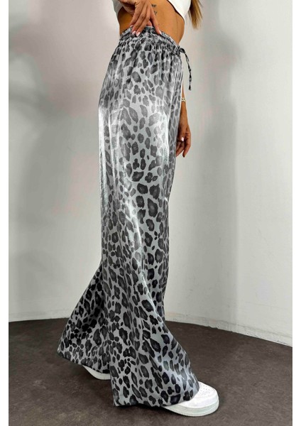 Leopar Desen Parlak Saten Pantolon Gri fırsatları